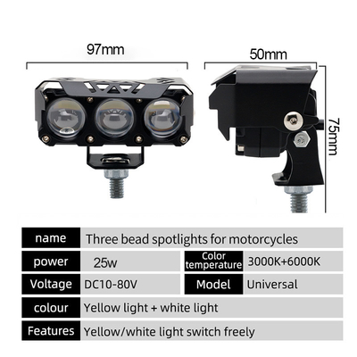 Trzy okulary Motocyklowe reflektory LED Światło główne Bliskie żółte Białko pomocnicze