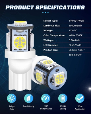 194 Samochodowe żarówki LED 6500K Wedge T10 SMD 5050 Chips