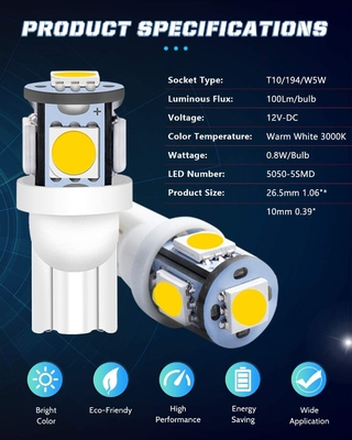 194 Samochodowe żarówki LED 6500K Wedge T10 SMD 5050 Chips