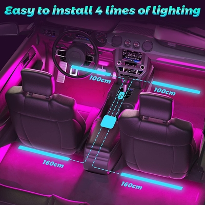 4 szt. 48 Led Strip Car Interior Atmosphere Lights IP65 z portem USB APP Control