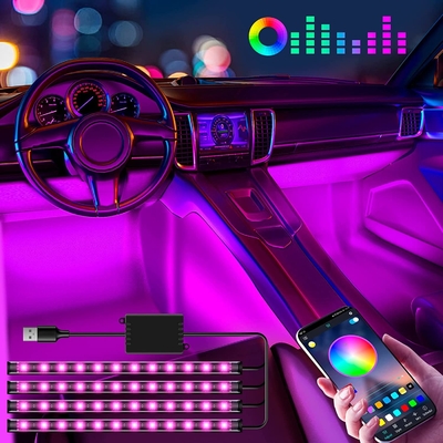 4 szt. 48 Led Strip Car Interior Atmosphere Lights IP65 z portem USB APP Control